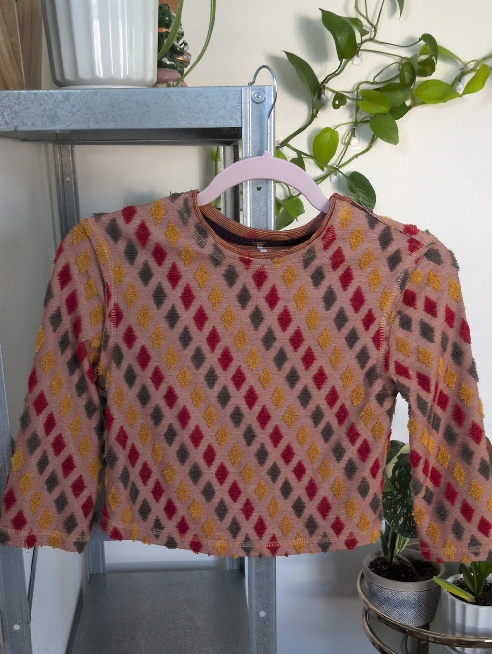 Free People Pink Diamond-Pattern Crop Top with Mustard & Red Accents